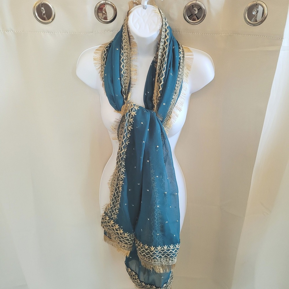 Dupatta Scarf OS Embroidered Fringe Trim Boho Ethnic Traditional Regal 21693